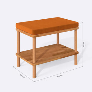 Waljan Bench 60 x 38 cm ölçülendirilmiş teknik görünümü, badem kadife döşeme, milimetre cinsinden ölçüler