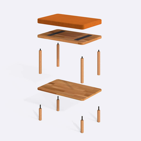 Waljan Bench 60 x 38 cm parçalarına ayrılmış montaj görünümü, badem kadife oturum ve masif kayın ayaklar