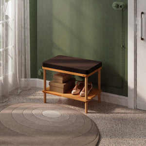 Waljan Bench 60 x 38 cm, kahve kadife döşeme, masif kayın gövde, ev ortamında kullanım görünümü
