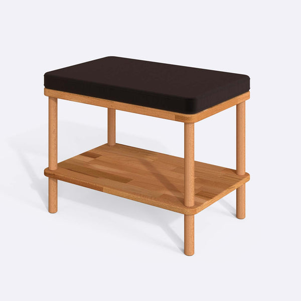 Waljan Bench 60 x 38 cm, kahve kadife döşeme, masif kayın gövde, beyaz zeminde üç çeyrek açıdan çekim