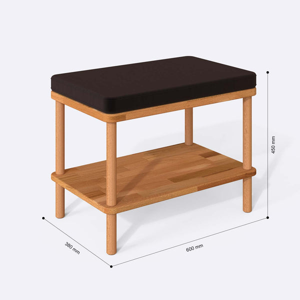Waljan Bench 60 x 38 cm ölçülendirilmiş teknik görünümü, kahve kadife döşeme, milimetre cinsinden ölçüler