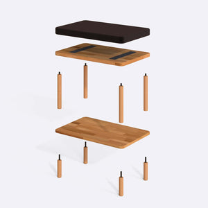 Waljan Bench 60 x 38 cm parçalarına ayrılmış montaj görünümü, kahve kadife oturum ve masif kayın ayaklar