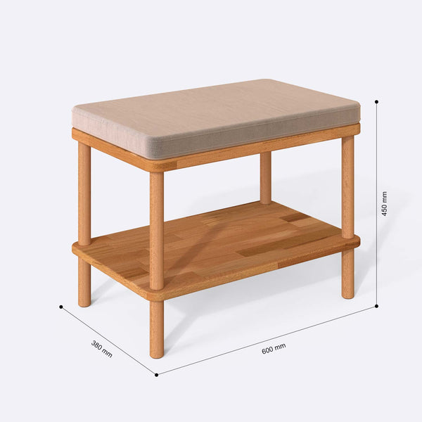 Waljan Bench 60 x 38 cm ölçülendirilmiş teknik görünümü, kum kadife döşeme, milimetre cinsinden ölçüler