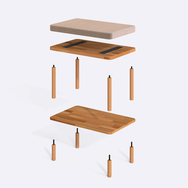Waljan Bench 60 x 38 cm parçalarına ayrılmış montaj görünümü, kum kadife oturum ve masif kayın ayaklar