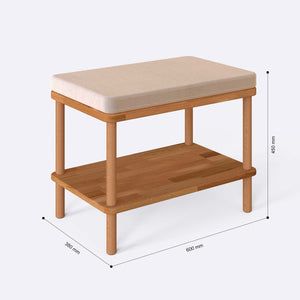 Waljan Bench 60 x 38 cm ölçülendirilmiş teknik görünümü, ekru kadife döşeme, milimetre cinsinden ölçüler
