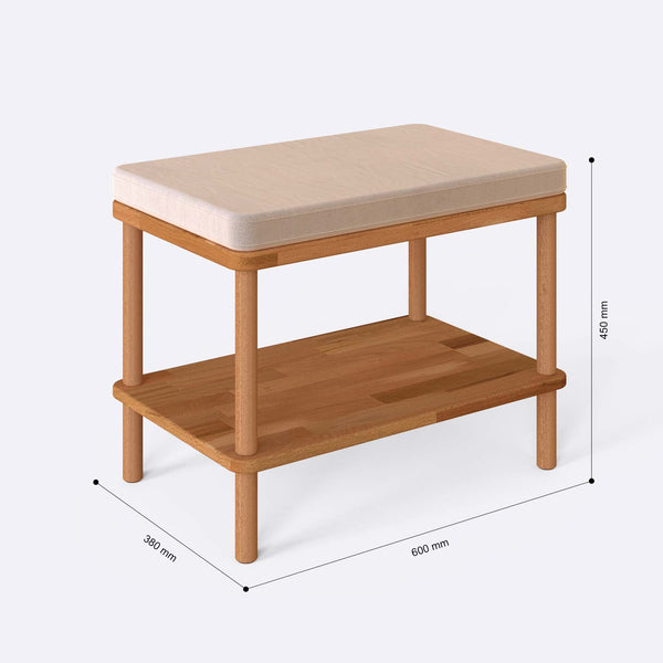 Waljan Bench 60 x 38 cm ölçülendirilmiş teknik görünümü, ekru kadife döşeme, milimetre cinsinden ölçüler