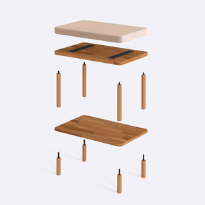 Waljan Bench 60 x 38 cm parçalarına ayrılmış montaj görünümü, ekru kadife oturum ve masif kayın ayaklar