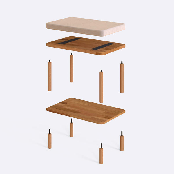 Waljan Bench 60 x 38 cm parçalarına ayrılmış montaj görünümü, ekru kadife oturum ve masif kayın ayaklar