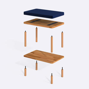 Waljan Bench 60 x 38 cm parçalarına ayrılmış montaj görünümü, lacivert kadife oturum ve masif kayın ayaklar