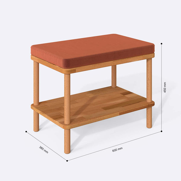 Waljan Bench 60 x 38 cm ölçülendirilmiş teknik görünümü, somon kadife döşeme, milimetre cinsinden ölçüler