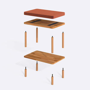 Waljan Bench 60 x 38 cm parçalarına ayrılmış montaj görünümü, somon kadife oturum ve masif kayın ayaklar