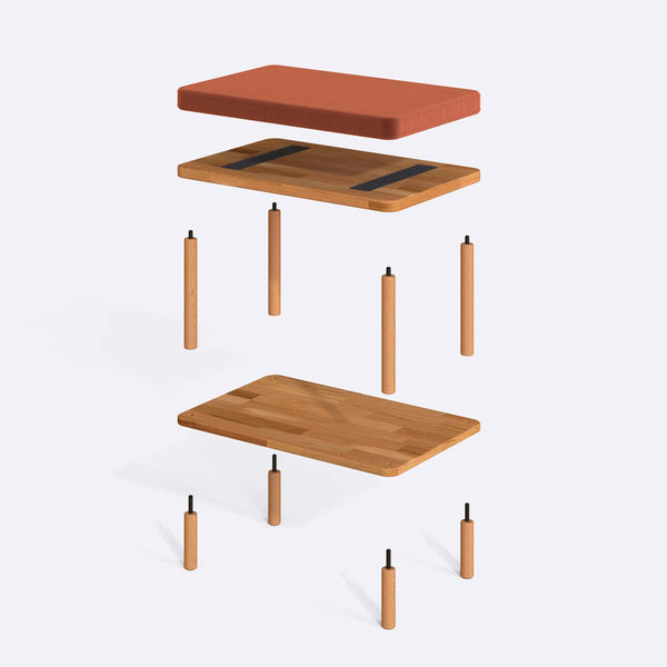 Waljan Bench 60 x 38 cm parçalarına ayrılmış montaj görünümü, somon kadife oturum ve masif kayın ayaklar