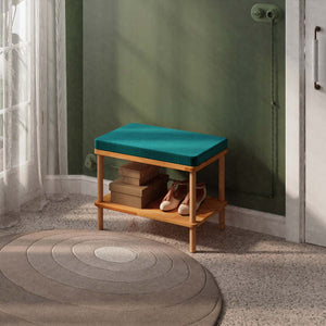 Waljan Bench 60 x 38 cm, petrol kadife döşeme, masif kayın gövde, ev ortamında kullanım görünümü