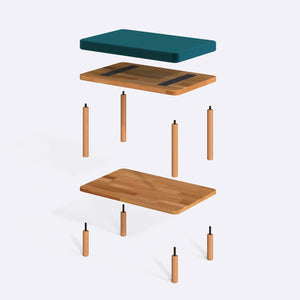 Waljan Bench 60 x 38 cm parçalarına ayrılmış montaj görünümü, petrol kadife oturum ve masif kayın ayaklar