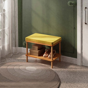 Waljan Bench 60 x 38 cm, sarı kadife döşeme, masif kayın gövde, ev ortamında kullanım görünümü