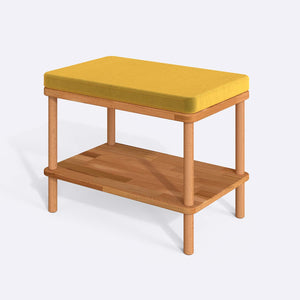 Waljan Bench 60 x 38 cm, sarı kadife döşeme, masif kayın gövde, beyaz zeminde üç çeyrek açıdan çekim