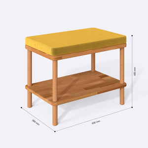 Waljan Bench 60 x 38 cm ölçülendirilmiş teknik görünümü, sarı kadife döşeme, milimetre cinsinden ölçüler