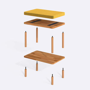 Waljan Bench 60 x 38 cm parçalarına ayrılmış montaj görünümü, sarı kadife oturum ve masif kayın ayaklar