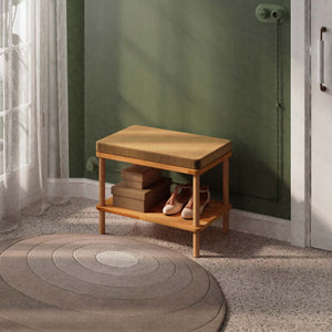 Waljan Bench 60 x 38 cm, vizon kadife döşeme, masif kayın gövde, ev ortamında kullanım görünümü