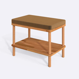 Waljan Bench 60 x 38 cm, vizon kadife döşeme, masif kayın gövde, beyaz zeminde üç çeyrek açıdan çekim