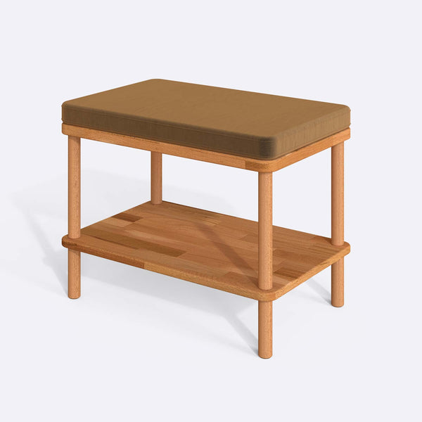 Waljan Bench 60 x 38 cm, vizon kadife döşeme, masif kayın gövde, beyaz zeminde üç çeyrek açıdan çekim