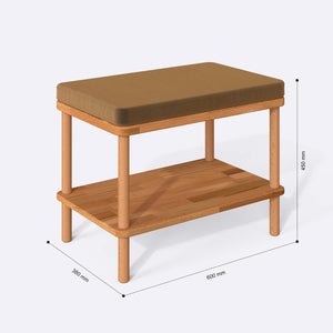Waljan Bench 60 x 38 cm ölçülendirilmiş teknik görünümü, vizon kadife döşeme, milimetre cinsinden ölçüler