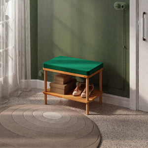 Waljan Bench 60 x 38 cm, zümrüt kadife döşeme, masif kayın gövde, ev ortamında kullanım görünümü