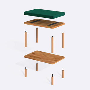 Waljan Bench 60 x 38 cm parçalarına ayrılmış montaj görünümü, zümrüt kadife oturum ve masif kayın ayaklar