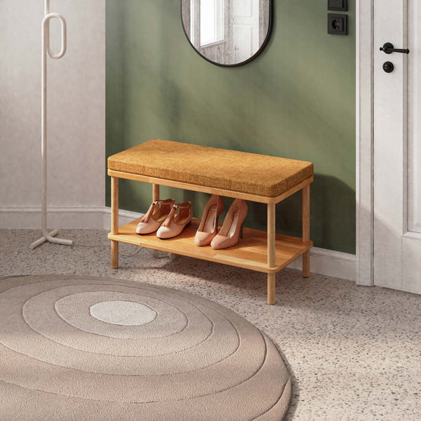 Waljan Bench 80 x 38 cm, badem keten döşeme, masif kayın gövde, döşenmiş oda ortamında kullanım görünümü