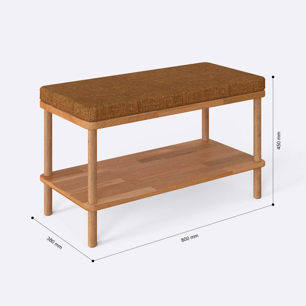 Waljan Bench 80 x 38 cm ölçülendirilmiş teknik görünümü, badem keten döşeme, milimetre cinsinden ölçüler