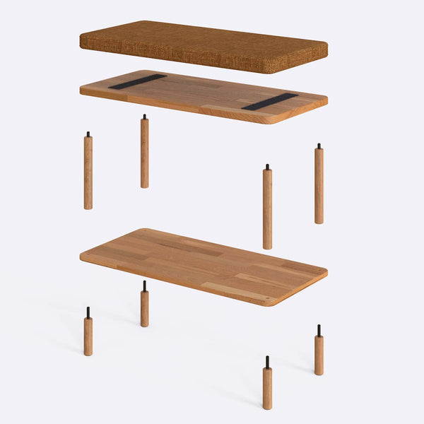 Waljan Bench 80 x 38 cm parçalarına ayrılmış montaj görünümü, badem keten oturum ve masif kayın ayaklar ile bağlantı vidaları