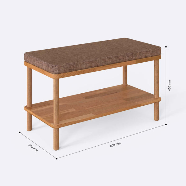 Waljan Bench 80 x 38 cm ölçülendirilmiş teknik görünümü, kahve keten döşeme, milimetre cinsinden ölçüler