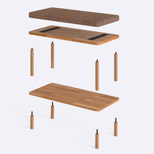 Waljan Bench 80 x 38 cm parçalarına ayrılmış montaj görünümü, kahve keten oturum ve masif kayın ayaklar ile bağlantı vidaları