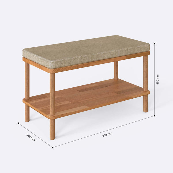 Waljan Bench 80 x 38 cm ölçülendirilmiş teknik görünümü, kum keten döşeme, milimetre cinsinden ölçüler