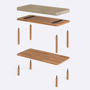 Waljan Bench 80 x 38 cm parçalarına ayrılmış montaj görünümü, kum keten oturum ve masif kayın ayaklar ile bağlantı vidaları