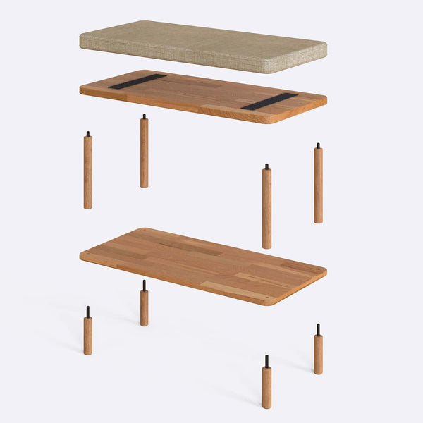 Waljan Bench 80 x 38 cm parçalarına ayrılmış montaj görünümü, kum keten oturum ve masif kayın ayaklar ile bağlantı vidaları