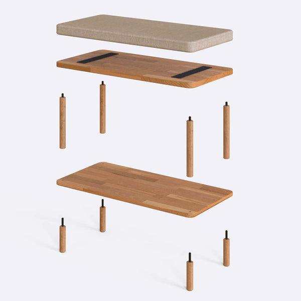 Waljan Bench 80 x 38 cm parçalarına ayrılmış montaj görünümü, ekru keten oturum ve masif kayın ayaklar ile bağlantı vidaları