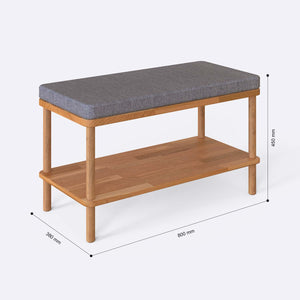 Waljan Bench 80 x 38 cm ölçülendirilmiş teknik görünümü, gri keten döşeme, milimetre cinsinden ölçüler