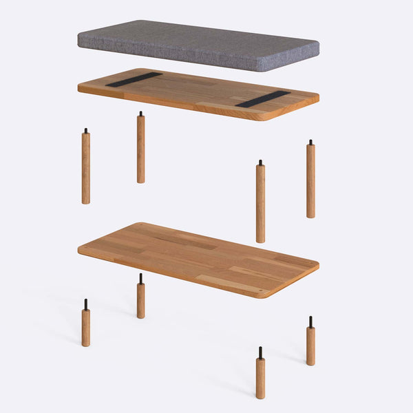 Waljan Bench 80 x 38 cm parçalarına ayrılmış montaj görünümü, gri keten oturum ve masif kayın ayaklar ile bağlantı vidaları