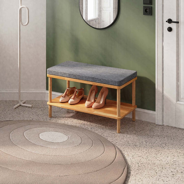 Waljan Bench 80 x 38 cm, kül keten döşeme, masif kayın gövde, döşenmiş oda ortamında kullanım görünümü