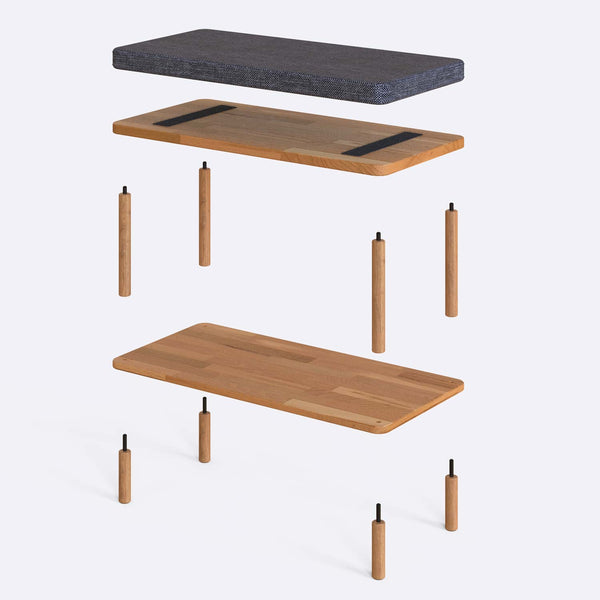 Waljan Bench 80 x 38 cm parçalarına ayrılmış montaj görünümü, kül keten oturum ve masif kayın ayaklar ile bağlantı vidaları