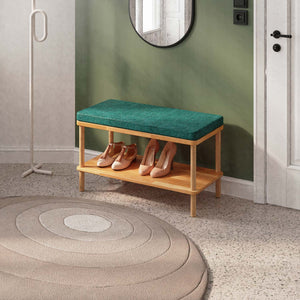 Waljan Bench 80 x 38 cm, petrol keten döşeme, masif kayın gövde, döşenmiş oda ortamında kullanım görünümü