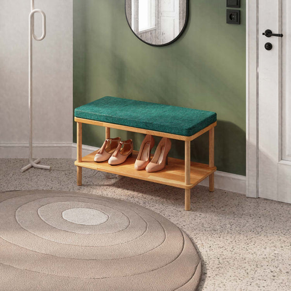 Waljan Bench 80 x 38 cm, petrol keten döşeme, masif kayın gövde, döşenmiş oda ortamında kullanım görünümü