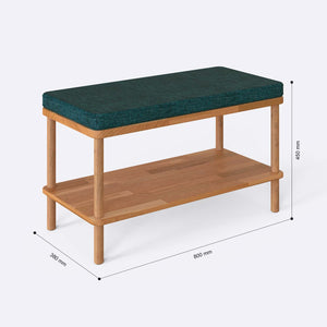 Waljan Bench 80 x 38 cm ölçülendirilmiş teknik görünümü, petrol keten döşeme, milimetre cinsinden ölçüler