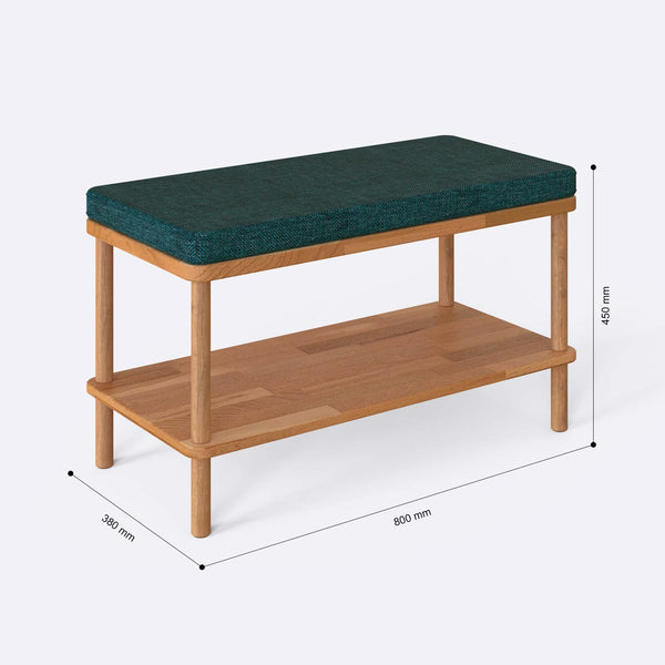 Waljan Bench 80 x 38 cm ölçülendirilmiş teknik görünümü, petrol keten döşeme, milimetre cinsinden ölçüler