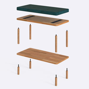 Waljan Bench 80 x 38 cm parçalarına ayrılmış montaj görünümü, petrol keten oturum ve masif kayın ayaklar