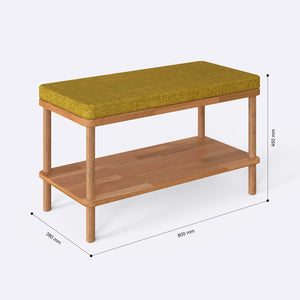Waljan Bench 80 x 38 cm ölçülendirilmiş teknik görünümü, sarı keten döşeme, milimetre cinsinden ölçüler