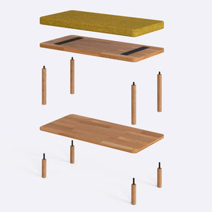 Waljan Bench 80 x 38 cm parçalarına ayrılmış montaj görünümü, sarı keten oturum ve masif kayın ayaklar ile bağlantı vidaları