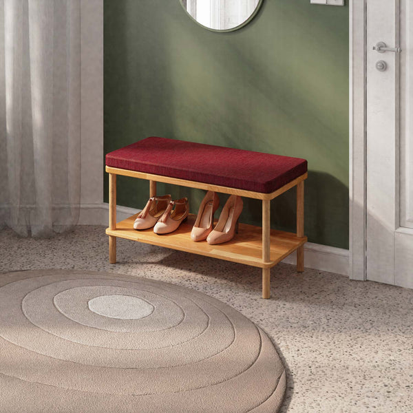 Waljan Bench 80 x 38 cm, bordo keten döşeme, masif kayın gövde, döşenmiş oda ortamında kullanım görünümü
