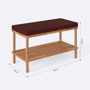 Waljan Bench 80 x 38 cm ölçülendirilmiş teknik görünümü, bordo keten döşeme, milimetre cinsinden ölçüler